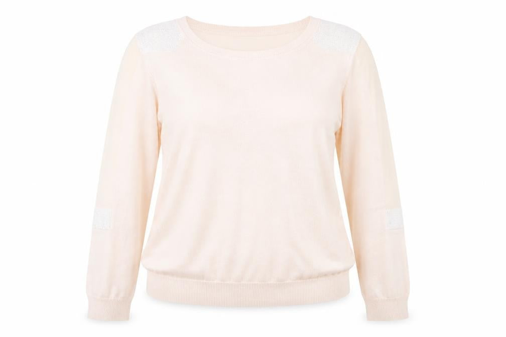 Front view of Warehouse Women’s Beige Sequin Shoulder Knit Blouse UK 14