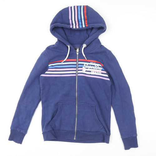 Superdry Unisex Blue Full Zip Hoodie UK 10 Classic Stripe Logo Design
