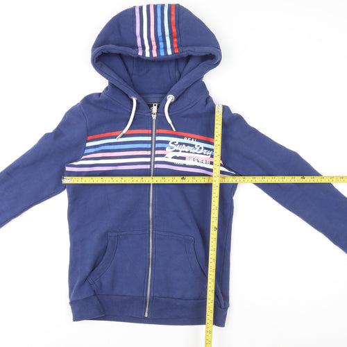 Superdry Unisex Blue Full Zip Hoodie UK 10 Classic Stripe Logo Design
