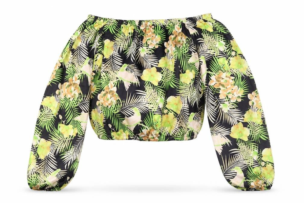 Front view of Boohoo women’s multicoloured off shoulder tropical cropped blouse, size S