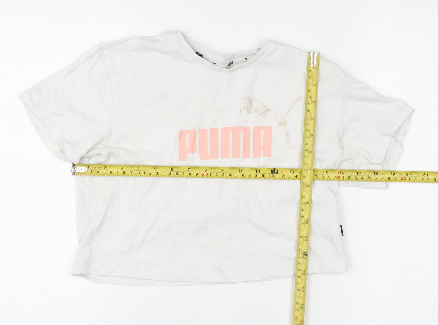 Puma Girls Ivory Cropped Logo T-Shirt 9-10 Years Short Sleeve Cotton
