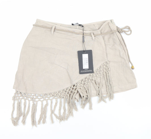 PrettyLittleThing Women Beige Linen Blend Wrap Fringe Shorts UK 12