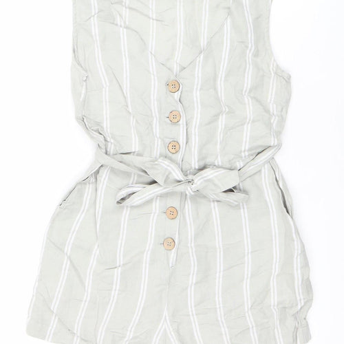 Mango Women Beige Striped Linen Viscose Tie Front Sleeveless Playsuit XS