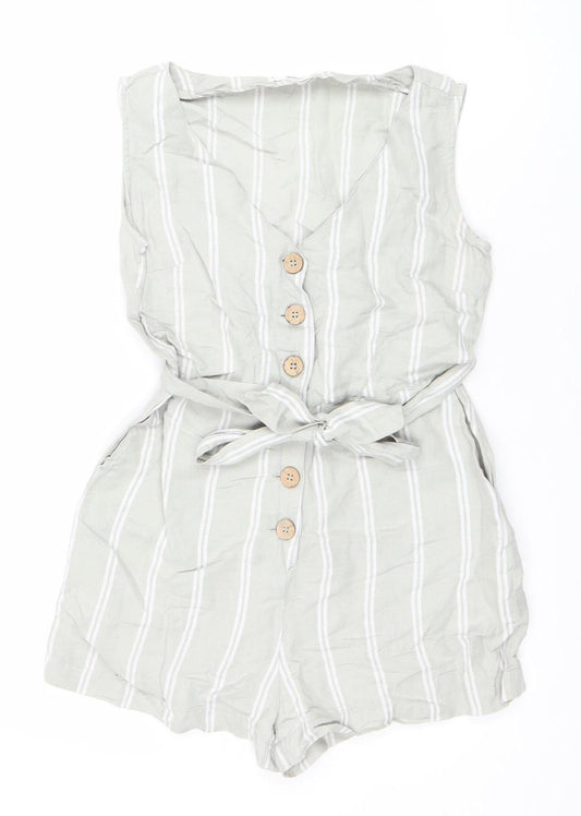 Mango Women Beige Striped Linen Viscose Tie Front Sleeveless Playsuit XS