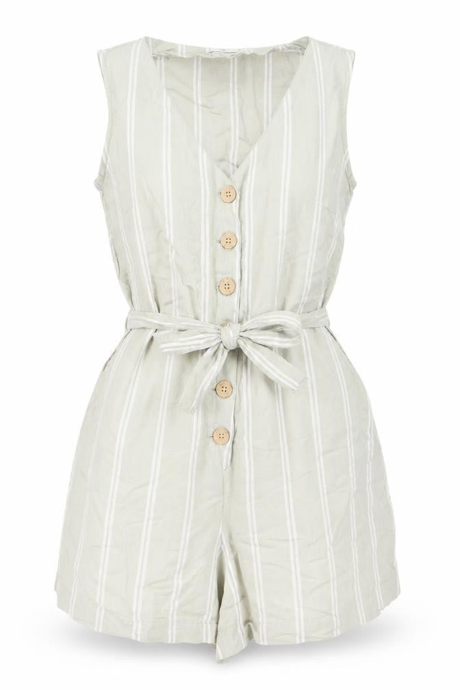 Mango Women Beige Striped Linen Viscose Tie Front Sleeveless Playsuit XS