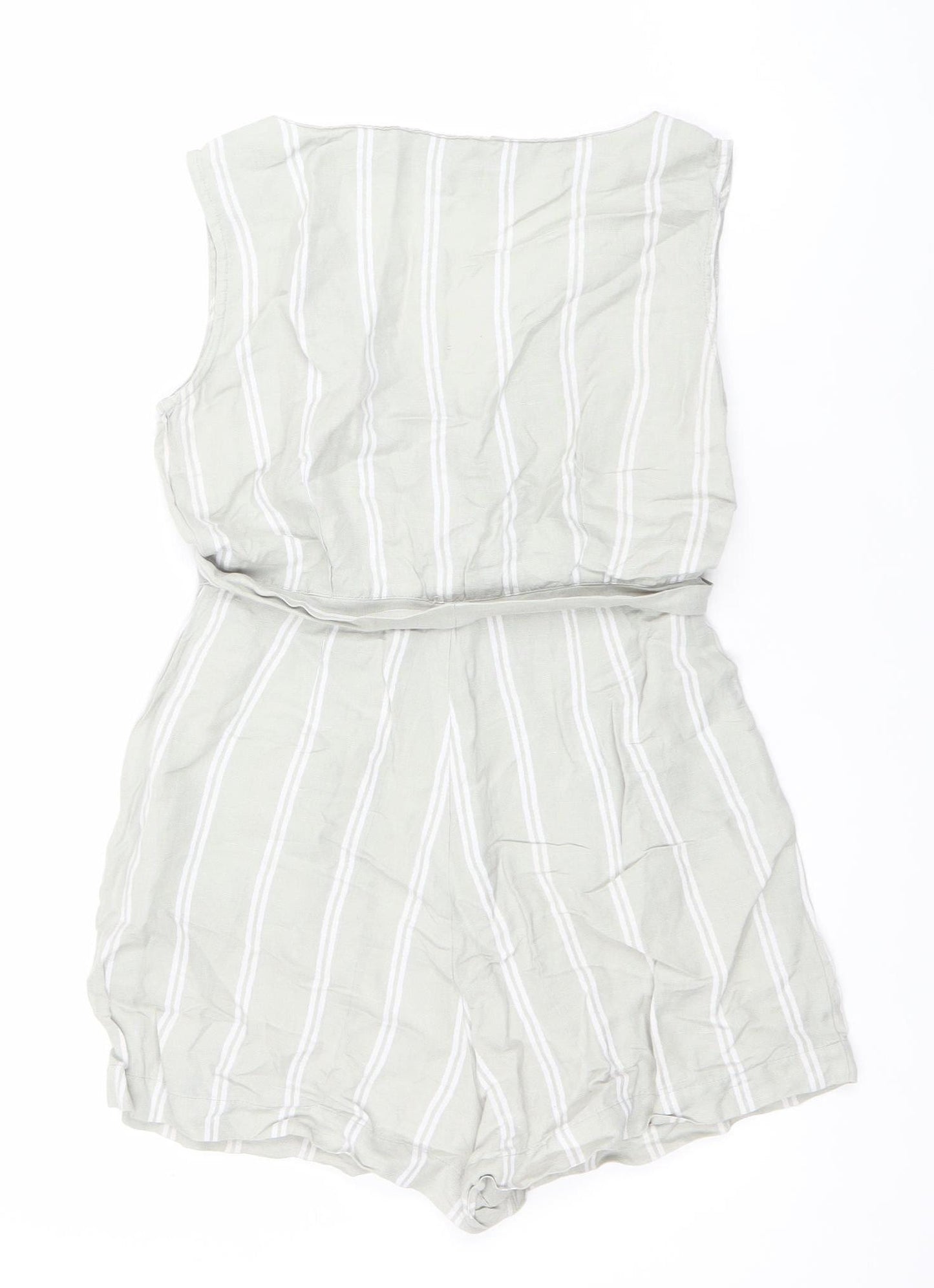 Mango Women Beige Striped Linen Viscose Tie Front Sleeveless Playsuit XS