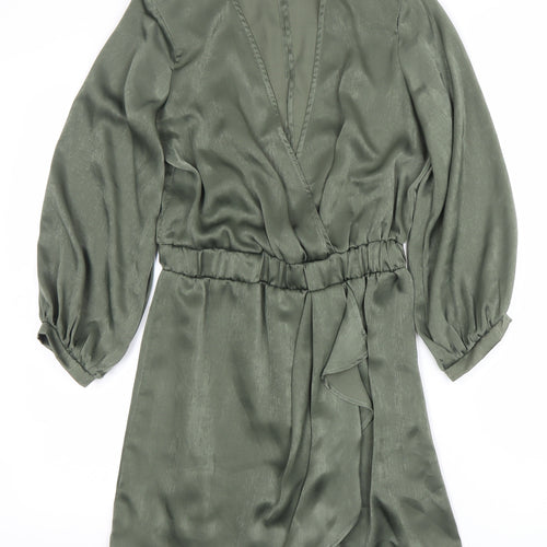Zara Women Khaki Green Long Sleeve V-Neck Playsuit Size 8 Polyester