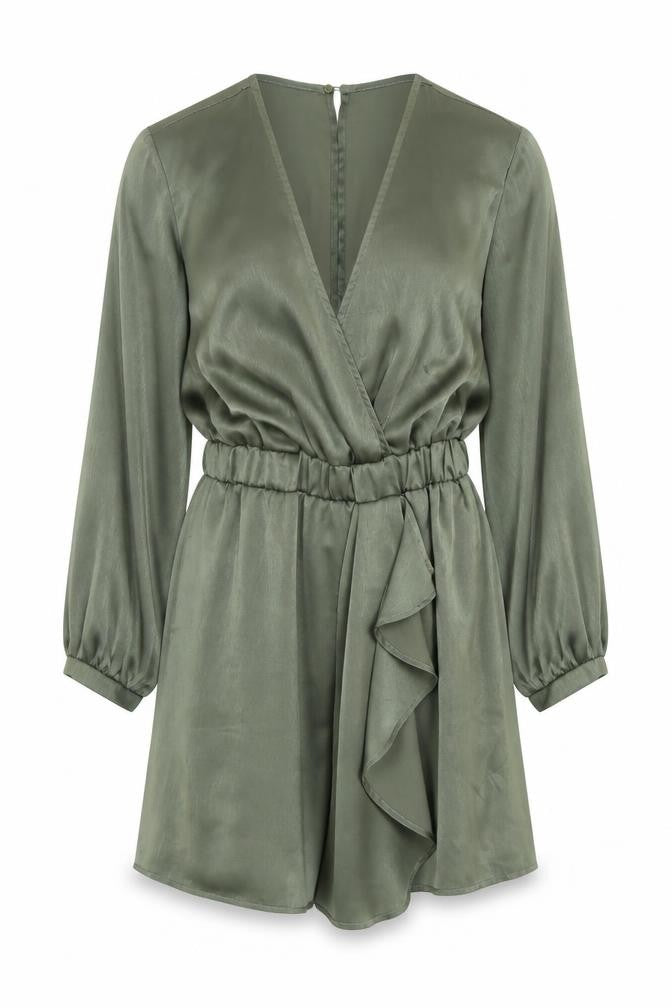 Zara Women Khaki Green Long Sleeve V-Neck Playsuit Size 8 Polyester