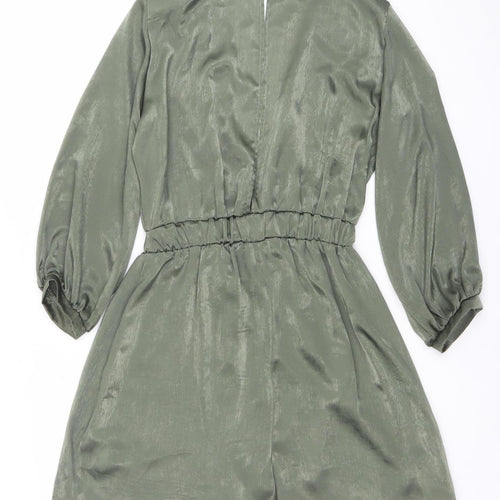Zara Women Khaki Green Long Sleeve V-Neck Playsuit Size 8 Polyester