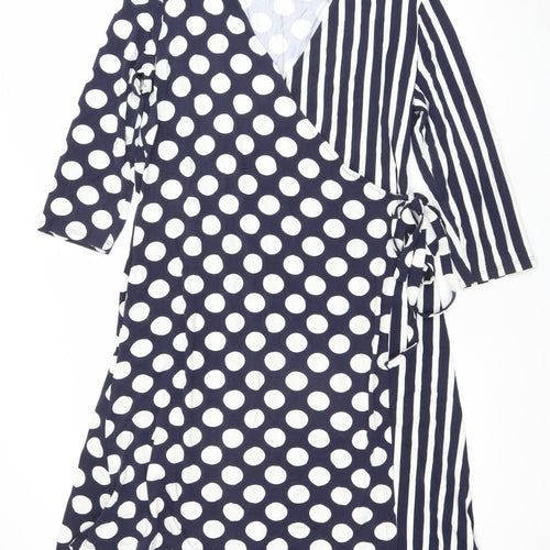 Gallery Women’s Blue Polka Dot Wrap Dress Size 16 V-Neck Jersey