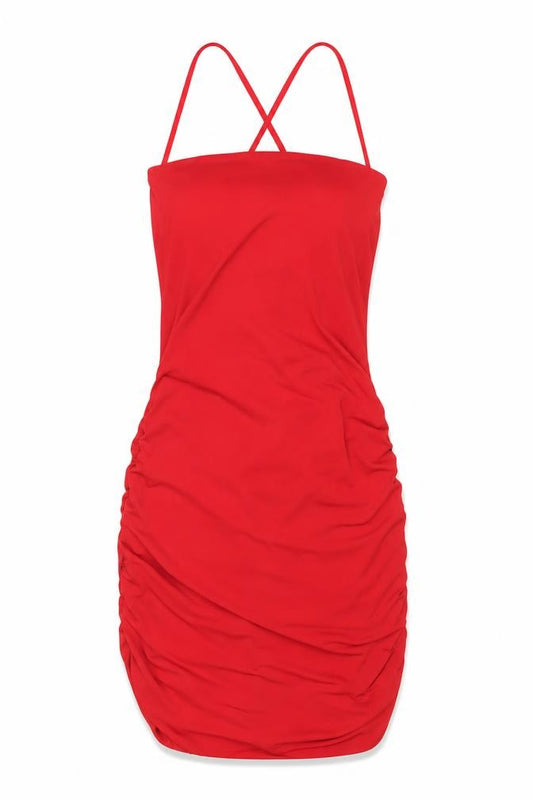 Front view of Flounce London Women’s Red, size UK 10, Ruched Bodycon Party Dress