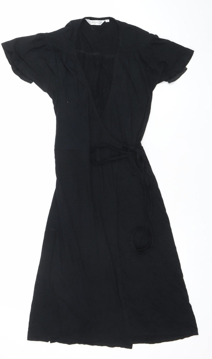 Topshop Women’s Black V-Neck Wrap Midi Dress Size 8