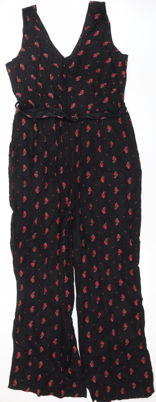 Next Women Black Floral Linen Blend Wide-Leg Jumpsuit Size 18