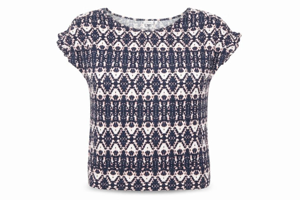 Fransa Women's Blue Geometric Viscose Short Sleeve T-Shirt L