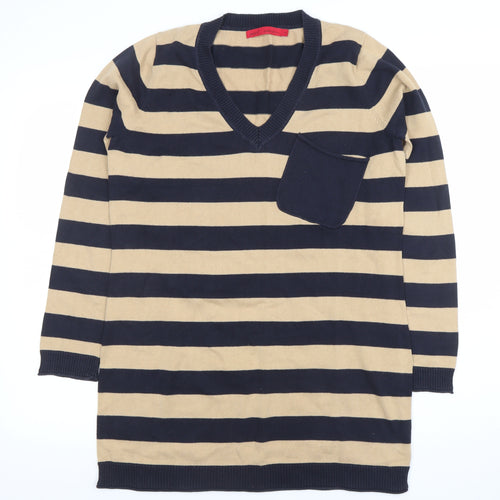 Next Women Beige Black Striped V-Neck Knit Sweater Dress Size 14