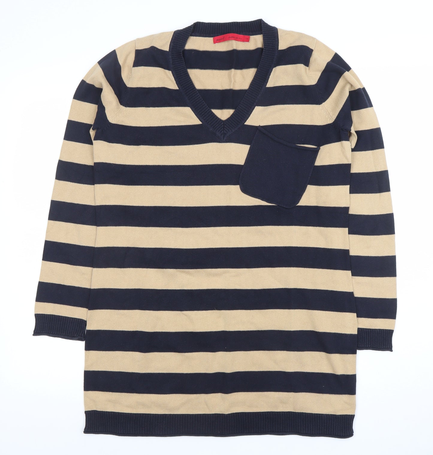 Next Women Beige Black Striped V-Neck Knit Sweater Dress Size 14