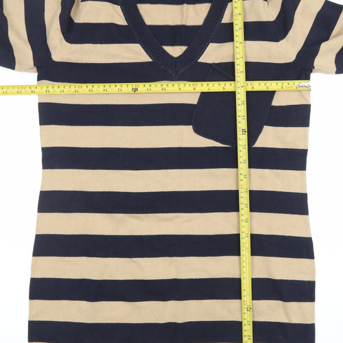 Next Women Beige Black Striped V-Neck Knit Sweater Dress Size 14