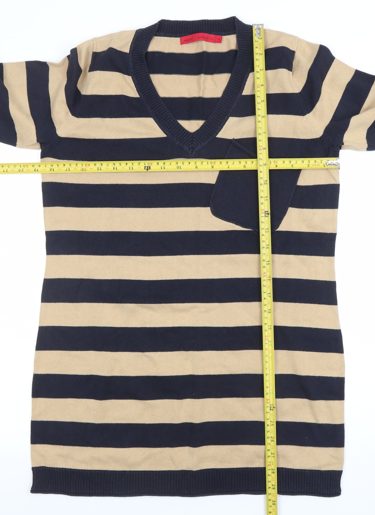 Next Women Beige Black Striped V-Neck Knit Sweater Dress Size 14
