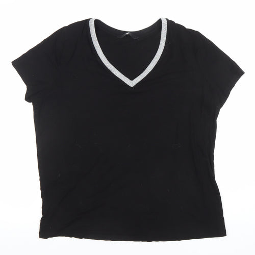 Very Women’s Black Glitter Neckline V-Neck Short Sleeve T-Shirt Size 14