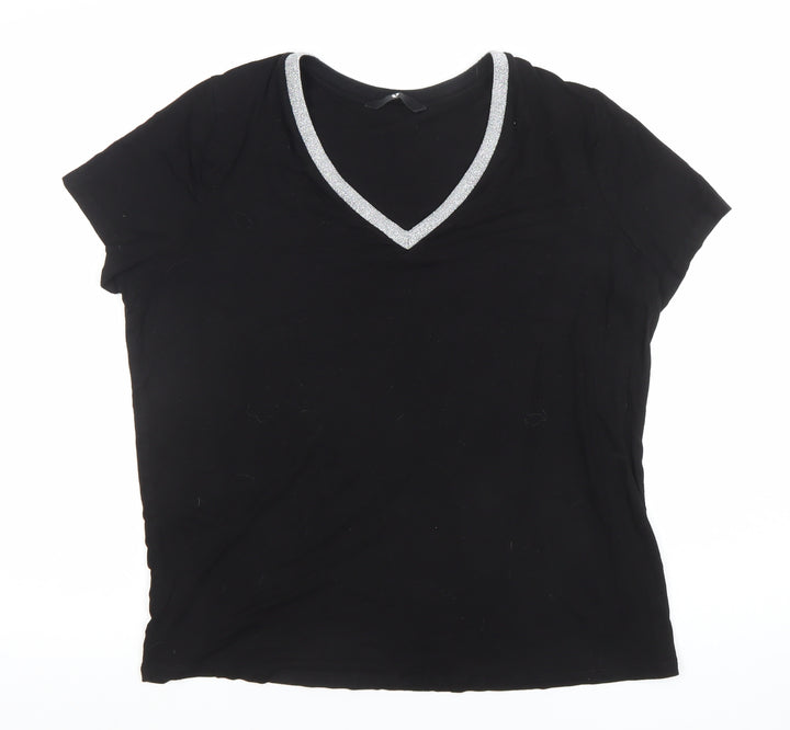 Very Women’s Black Glitter Neckline V-Neck Short Sleeve T-Shirt Size 14