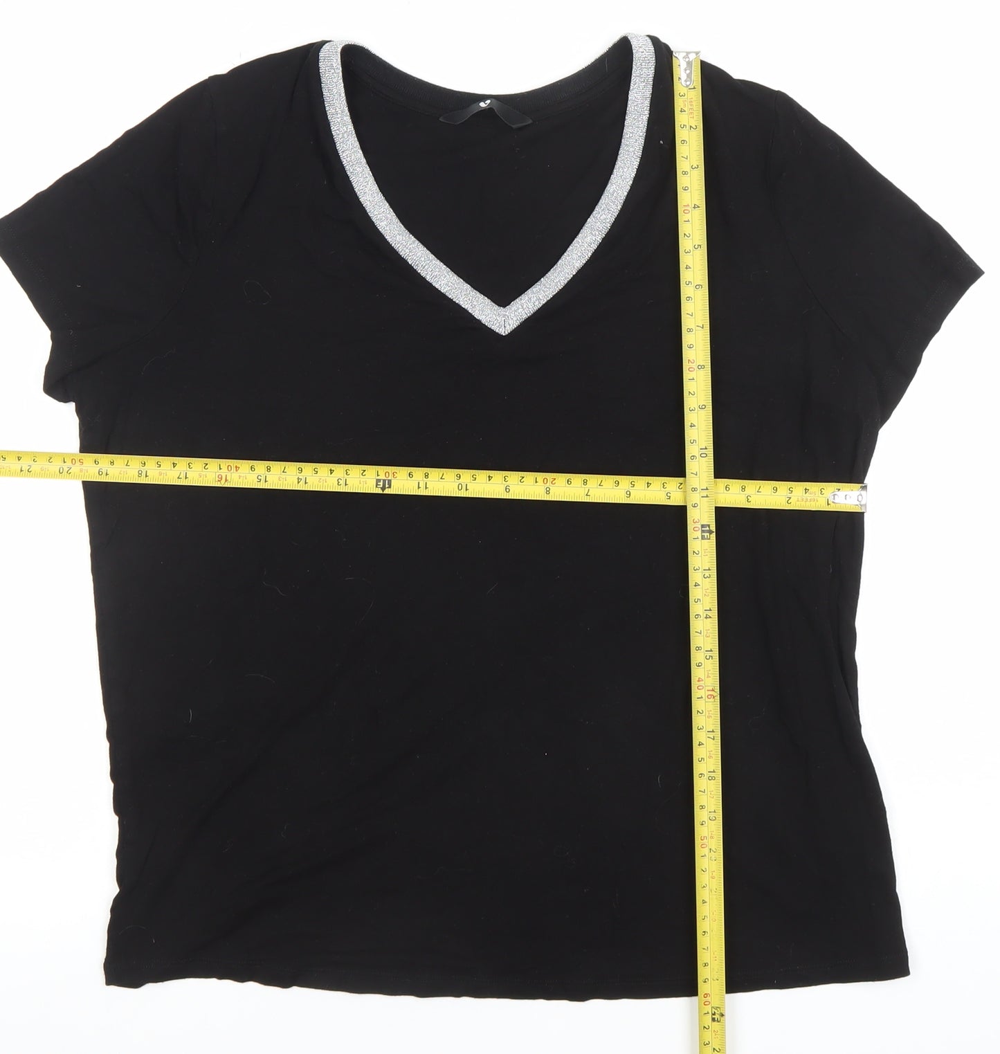 Very Women’s Black Glitter Neckline V-Neck Short Sleeve T-Shirt Size 14