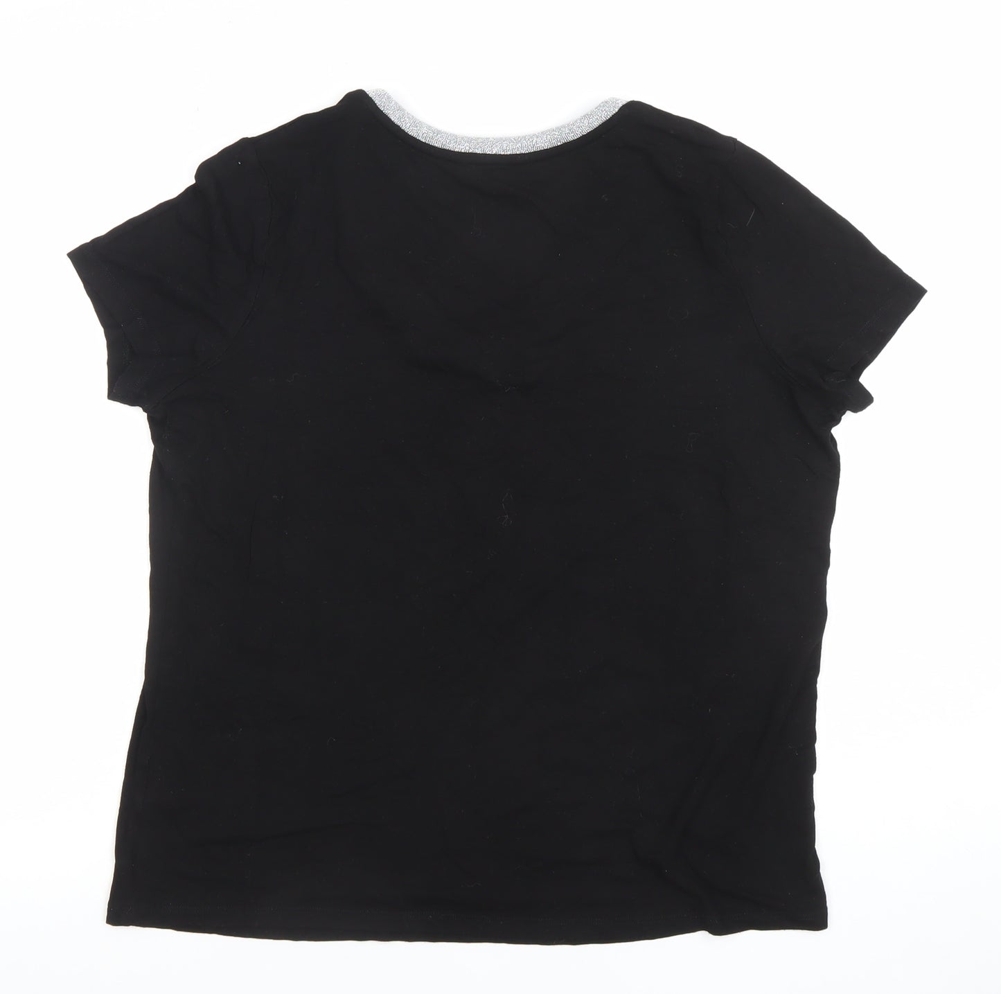 Very Women’s Black Glitter Neckline V-Neck Short Sleeve T-Shirt Size 14