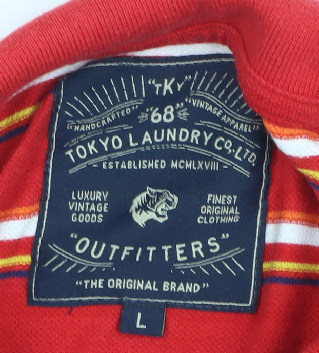 Tokyo Laundry Men's Red Striped Cotton Polo Shirt Size L