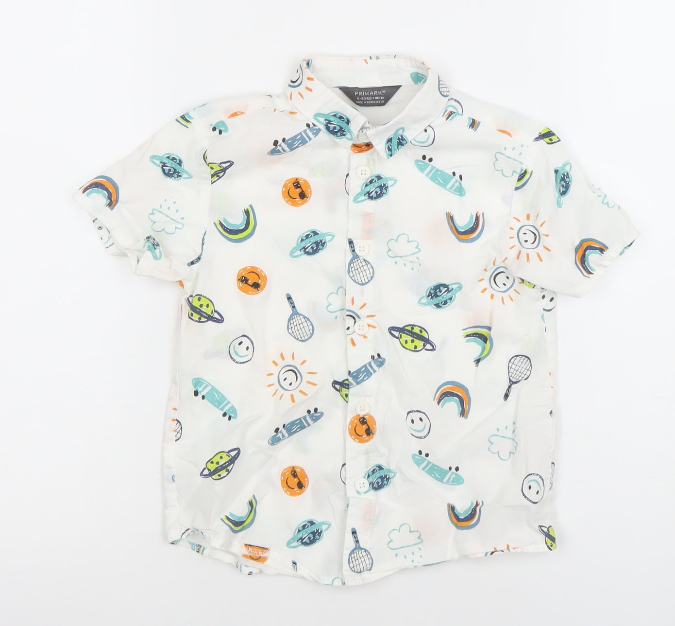 Primark Boys White Space Print Button-Up Short Sleeve Shirt 4-5 Years