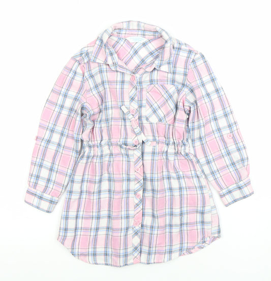 Primark Girls Pink Check Flannel Shirt Dress 4-5 Years Collared Long Sleeve
