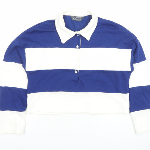 Primark Womens Blue White Striped Collared Cropped Long Sleeve Button-Up Top XS