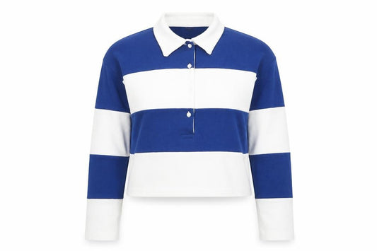 Front view of Primark women’s blue white striped collared cropped long sleeve button-up top xs