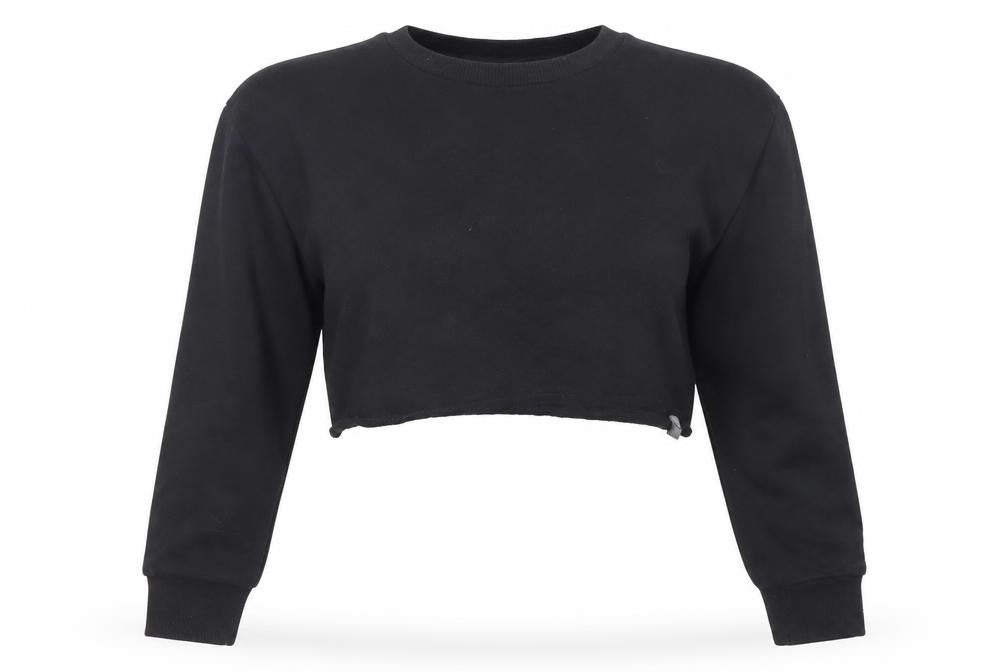 Front view of ASOS Women Black Crop Pullover Sweatshirt, size 8, Cotton Crew Neck