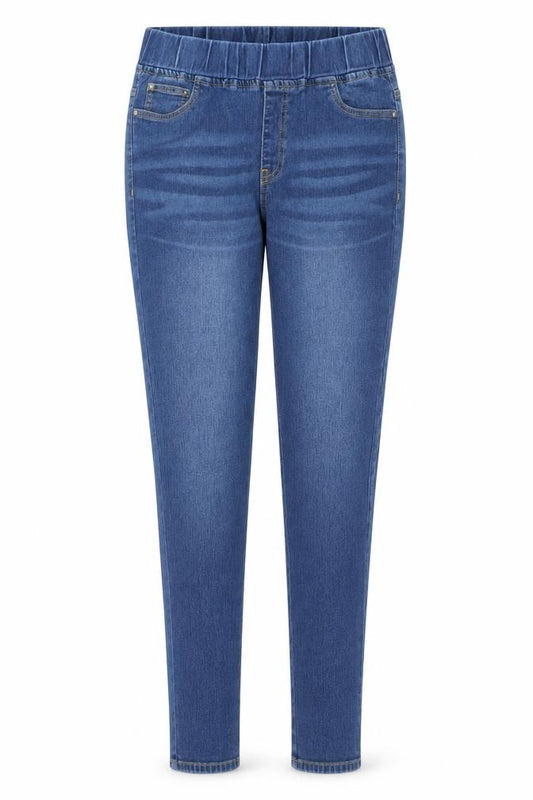 Front view of The Casual Company women’s blue denim jegging jeans, size UK 10-12