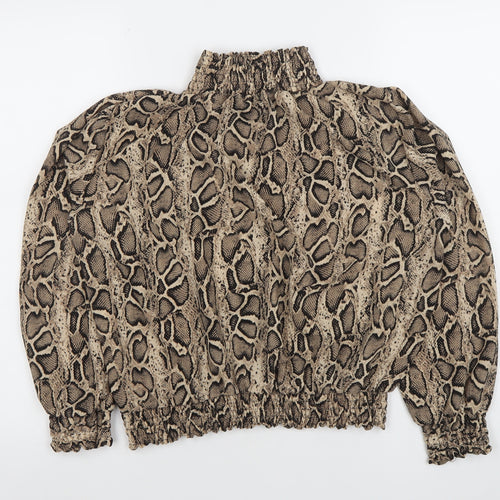 Cameo Rose Women’s Beige Animal Print Puff Sleeve High Neck Blouse Size L