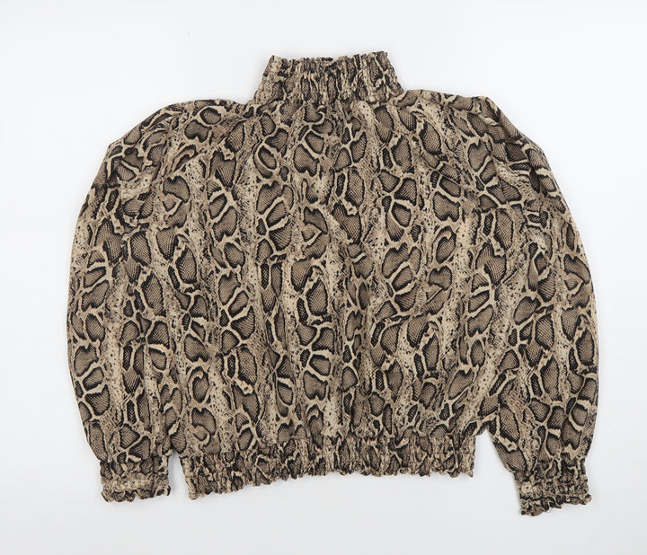 Cameo Rose Women’s Beige Animal Print Puff Sleeve High Neck Blouse Size L