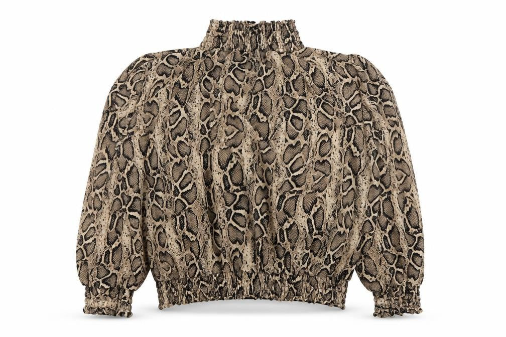 Cameo Rose Women’s Beige Animal Print Puff Sleeve High Neck Blouse Size L
