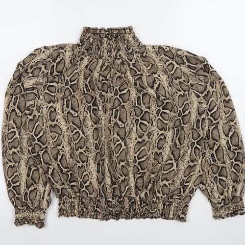 Cameo Rose Women’s Beige Animal Print Puff Sleeve High Neck Blouse Size L