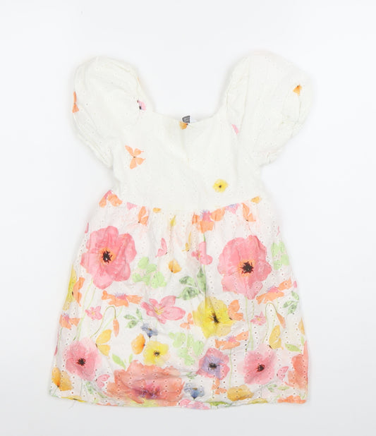 Primark Girls Multicoloured Floral Broderie Anglaise Puff Sleeve Dress 6-7 Years