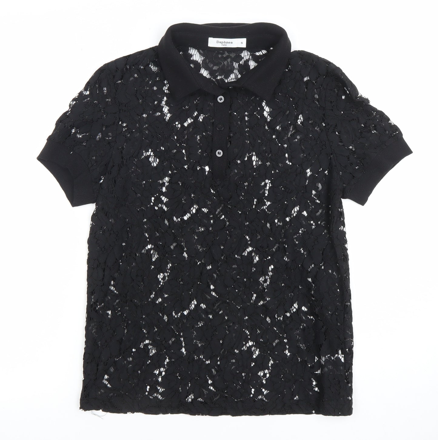 Daphnea Women’s Black Lace Polo Shirt Short Sleeve Size S