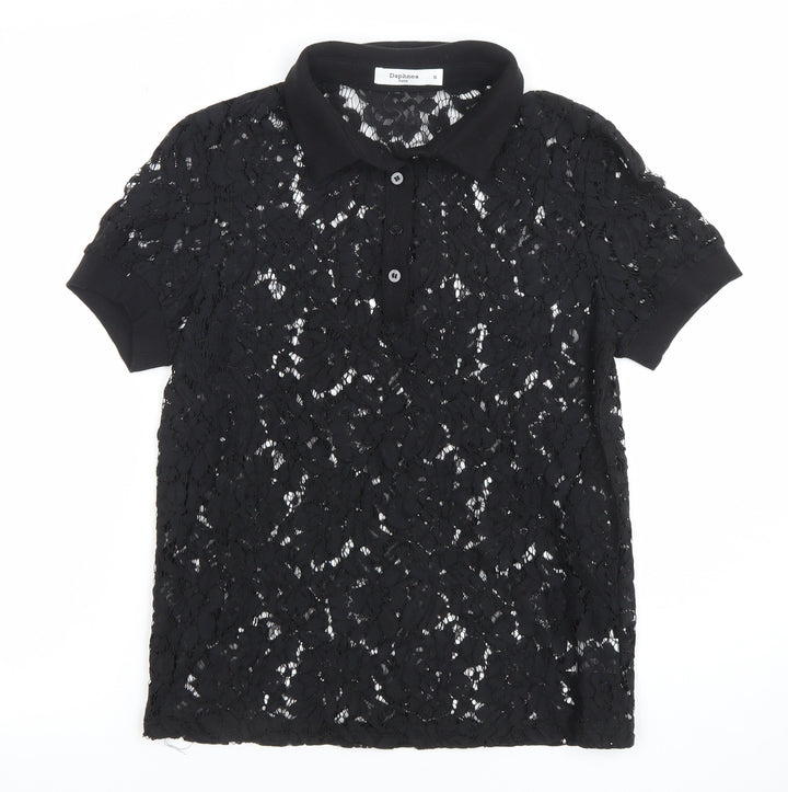 Daphnea Women’s Black Lace Polo Shirt Short Sleeve Size S