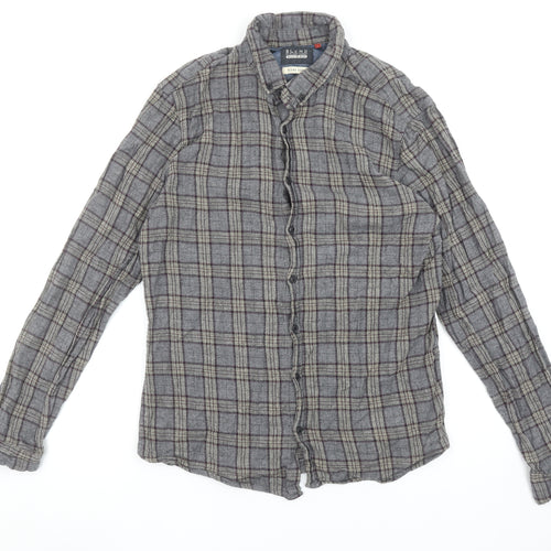 Blend Men's Grey Check Cotton Flannel Long Sleeve Shirt L