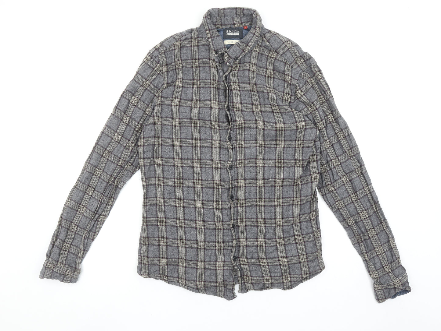 Blend Men's Grey Check Cotton Flannel Long Sleeve Shirt L