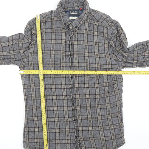 Blend Men's Grey Check Cotton Flannel Long Sleeve Shirt L