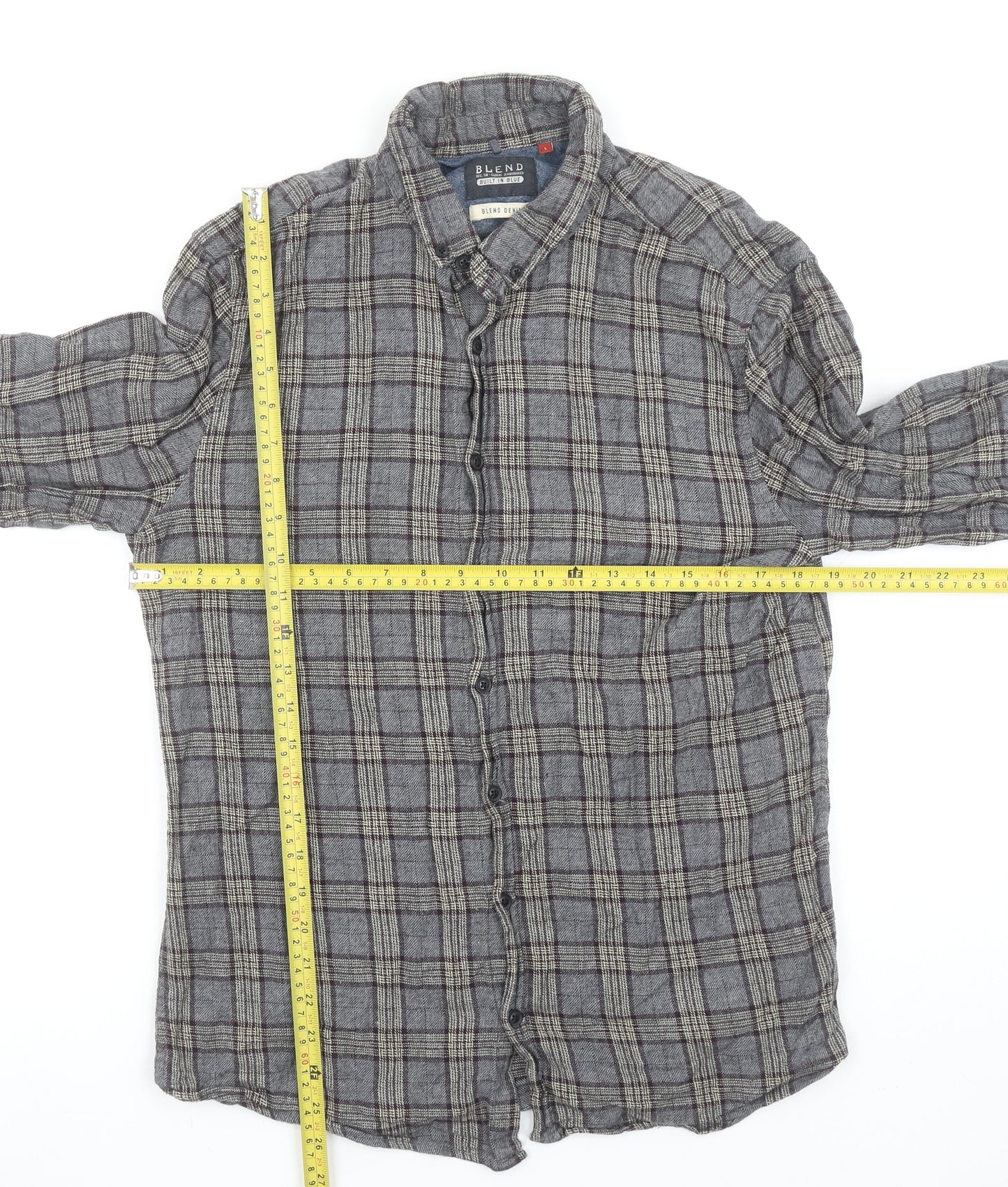Blend Men's Grey Check Cotton Flannel Long Sleeve Shirt L