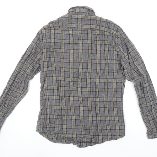 Blend Men's Grey Check Cotton Flannel Long Sleeve Shirt L