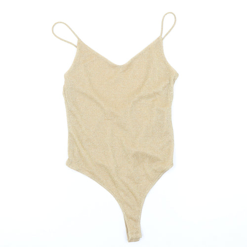 H&M Women Beige Glitter Bodysuit Size S Metallic Spaghetti Strap