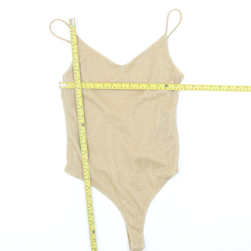 H&M Women Beige Glitter Bodysuit Size S Metallic Spaghetti Strap