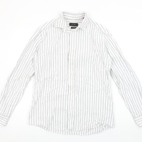 Massimo Dutti Men's White Blue Striped Long Sleeve Cotton Shirt M