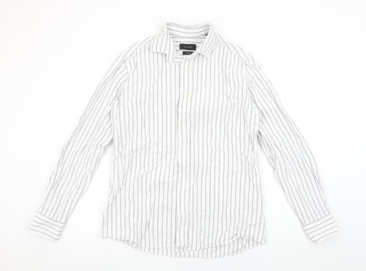 Massimo Dutti Men's White Blue Striped Long Sleeve Cotton Shirt M