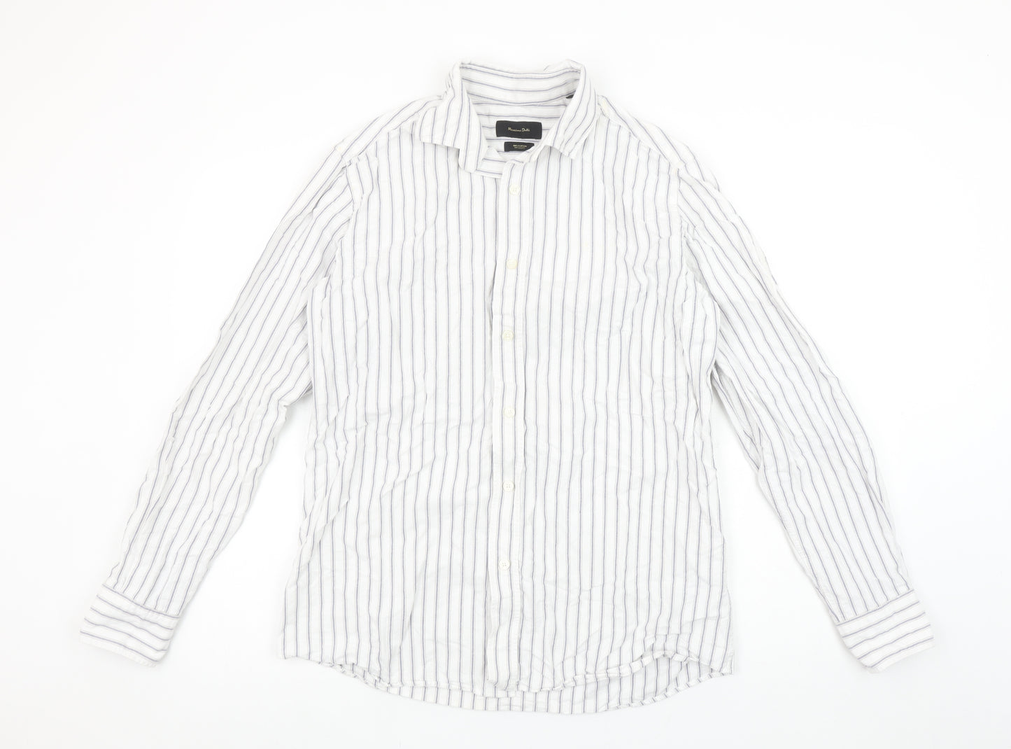 Massimo Dutti Men's White Blue Striped Long Sleeve Cotton Shirt M